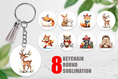 Keychain Whimsical Winter Forest Friends Watercolor Sublimation artnoy 