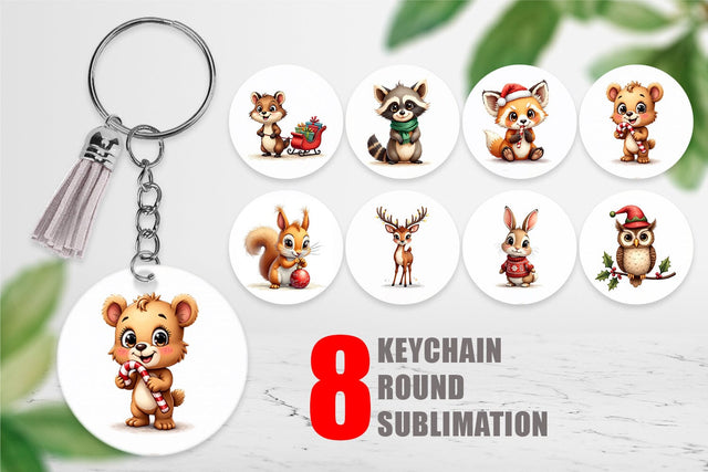 Keychain Whimsical Woodland Christmas Vintage Watercolor Animals Sublimation artnoy 