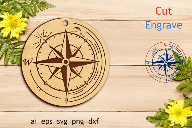 Keychain with compass laser cut, Engraved keychain svg, Glowforge template SVG AnastasiyaArtDesign 