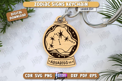 Keychain with Zodiac Sign Laser Cut | Astrology Design | Aquarius | CNC File SVG The T Store Design 