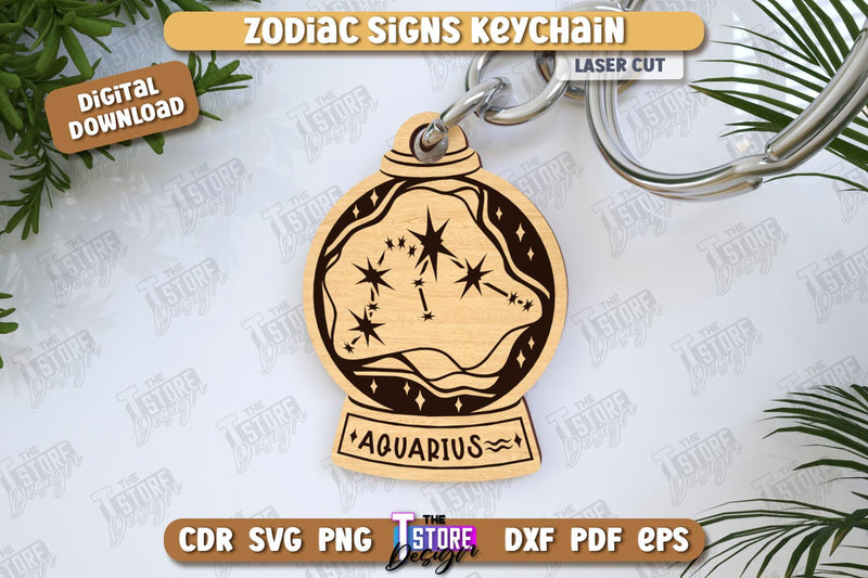 Keychain with Zodiac Sign Laser Cut | Astrology Design | Aquarius | CNC File SVG The T Store Design 