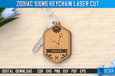 Keychain with Zodiac Sign Laser Cut | Astrology Design | Pisces | CNC File SVG Fly Design 