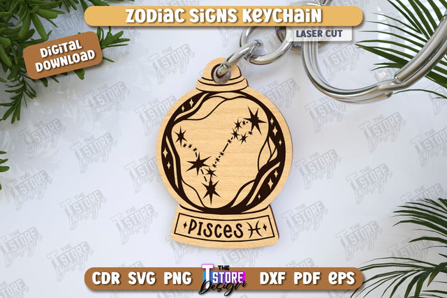Keychain with Zodiac Sign Laser Cut | Astrology Design | Pisces | CNC File SVG The T Store Design 