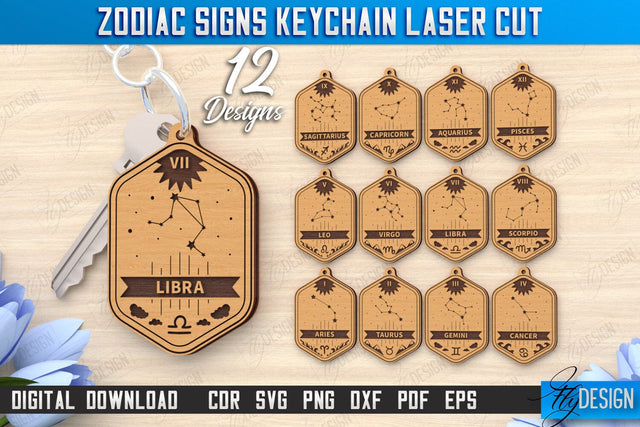 Keychain with Zodiac Sign Laser Cut Bundle | Astrology Design | CNC Files SVG Fly Design 