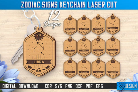 Keychain with Zodiac Sign Laser Cut Bundle | Astrology Design | CNC Files SVG Fly Design 