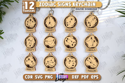 Keychain with Zodiac Signs Laser Cut Bundle | Astrology Design | CNC Files SVG The T Store Design 