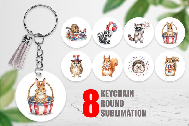 Keychain Woodland Patriotic Animals Watercolor Sublimation artnoy 