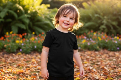 Kids black t-shirt mockup in autumn garden Mock Up Photo Designangry 
