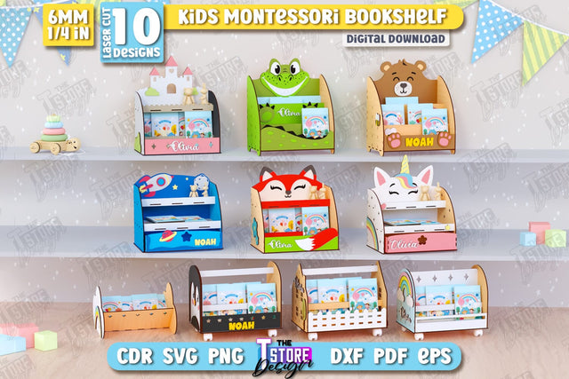 Kids Bookshelf Laser Cut Bundle | Book Tray | Child Design | Desktop Organizer | Book Holder | CNC Files SVG The T Store Design 