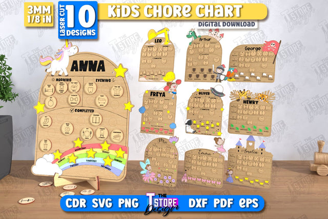 Kids Chore Chart Laser Cut Bundle | Visual Schedule Activity | Kids Routine Chart | Daily Chores Board | CNC Files SVG The T Store Design 