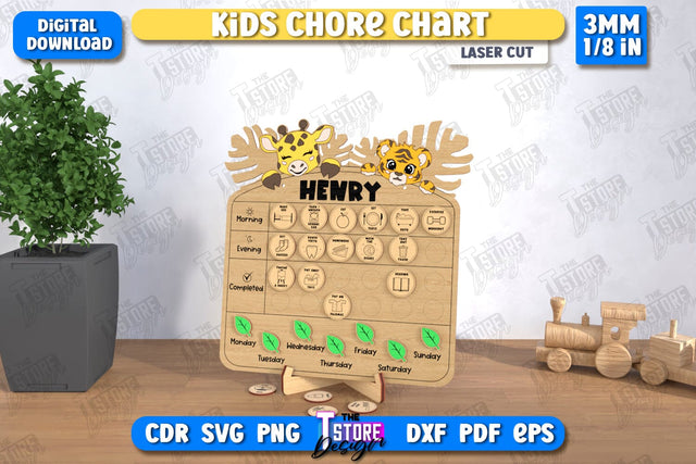 Kids Chore Chart Laser Cut | Visual Schedule Activity | Kids Routine Chart | Daily Chores Board | CNC File SVG The T Store Design 