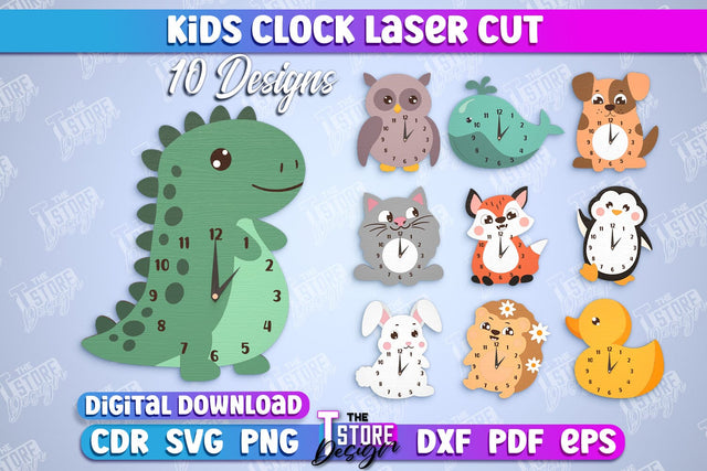 Kids Clock Bundle | Animals Shape | Nursery Wall Décor | Children's Room Interior | CNC Files SVG The T Store Design 