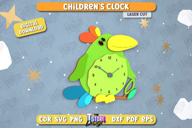 Kids Clock Laser Cut | Bird Shape | Nursery Wall Décor | Children's Room Interior | CNC File SVG The T Store Design 