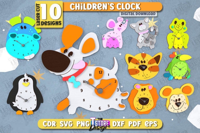 Kids Clock Laser Cut Bundle | Animals Shape | Nursery Wall Décor | Children's Room Interior | CNC Files SVG The T Store Design 