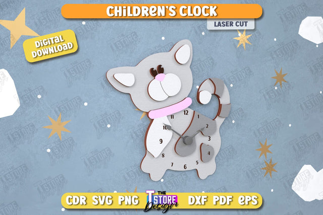 Kids Clock Laser Cut | Cat Shape | Nursery Wall Décor | Children's Room Interior | CNC File SVG The T Store Design 