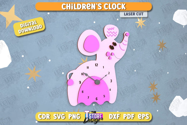 Kids Clock Laser Cut | Elephant Shape | Nursery Wall Décor | Children's Room Interior | CNC File SVG The T Store Design 