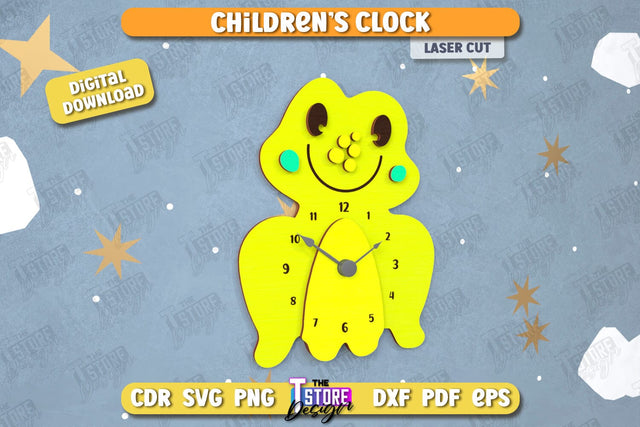 Kids Clock Laser Cut | Frog Shape | Nursery Wall Décor | Children's Room Interior | CNC File SVG The T Store Design 