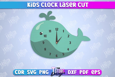 Kids Clock | Whale hape | Nursery Wall Décor | Children's Room Interior | CNC File SVG The T Store Design 