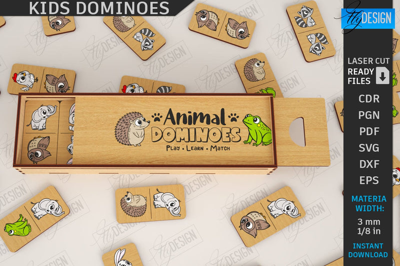 Kids Dominoes Laser Cut | Blocks Puzzle | Wooden Toy | Board Game | Animals Design | Mini Game for Child | CNC File SVG Fly Design 