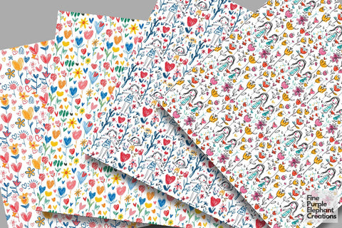 Kids Doodle Art Digital Paper | Mother's Day Pattern Digital Pattern Fine Purple Elephant Creations 