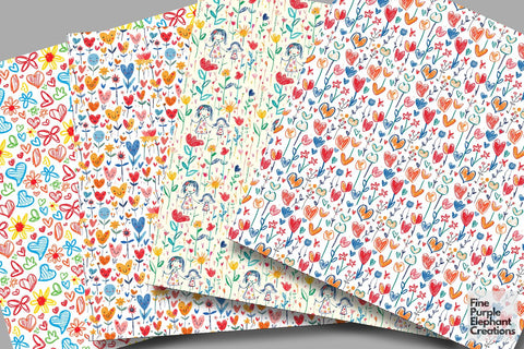 Kids Doodle Art Digital Paper | Mother's Day Pattern Digital Pattern Fine Purple Elephant Creations 