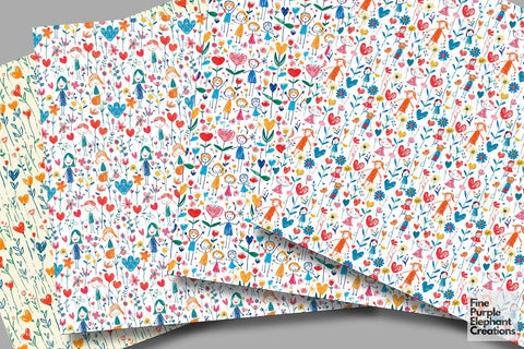 Kids Doodle Art Digital Paper | Mother's Day Pattern Digital Pattern Fine Purple Elephant Creations 