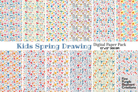 Kids Doodle Art Digital Paper | Mother's Day Pattern Digital Pattern Fine Purple Elephant Creations 