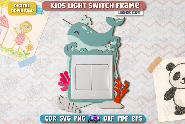 Kids Light Switch Frame Laser Cut | Narwhal Design | Children Room Wall Décor | Nursery Décor | CNC File SVG The T Store Design 