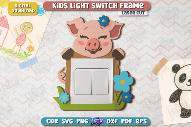 Kids Light Switch Frame Laser Cut | Pig Design | Children Room Wall Décor | Nursery Décor | CNC File SVG The T Store Design 