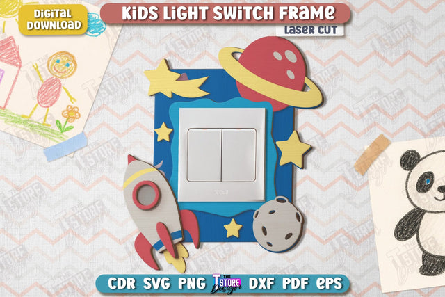 Kids Light Switch Frame Laser Cut | Spase Design | Children Room Wall Décor | Nursery Décor | CNC File SVG The T Store Design 