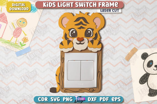 Kids Light Switch Frame Laser Cut | Tiger Design | Children Room Wall Décor | Nursery Décor | CNC File SVG The T Store Design 