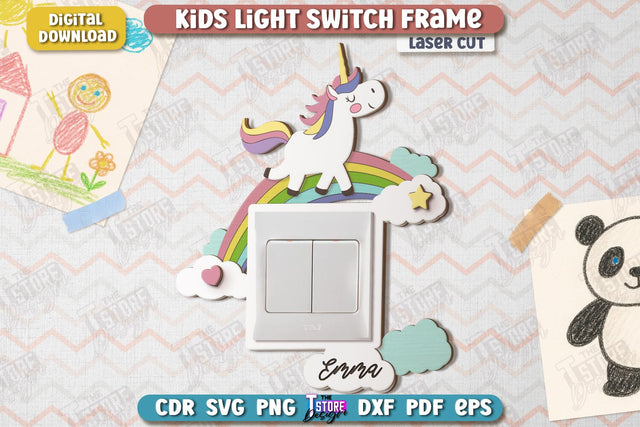 Kids Light Switch Frame Laser Cut | Unicorn Design | Children Room Wall Décor | Nursery Décor | CNC File SVG The T Store Design 
