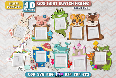 Kids Light Switch Frames Laser Cut Bundle | Animals Design | Children Room Wall Décor | Nursery Décor | CNC Files SVG The T Store Design 