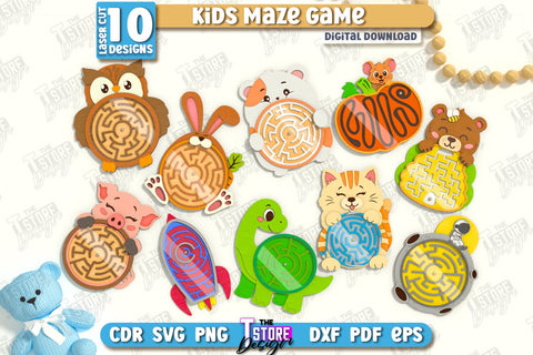 Kids Maze Game Laser Cut Bundle, Animal Puzzle Set, Kids Wooden Board Game, Labyrinth Game SVG, Cute Animals SVG SVG The T Store Design 