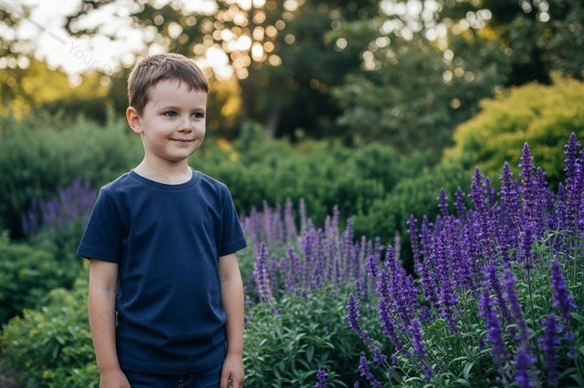 Kid's navy blue t-shirt mockup in lavender field Mock Up Photo Designangry 