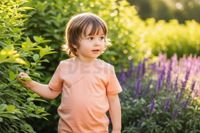 Kids' peach t-shirt mockup in garden Mock Up Photo Designangry 
