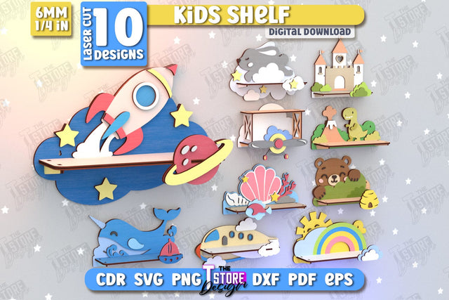 Kids Shelf Laser Cut Bundle | Rack Template | Nursery Décor | Kids Room | Book Rack | CNC Files SVG The T Store Design 