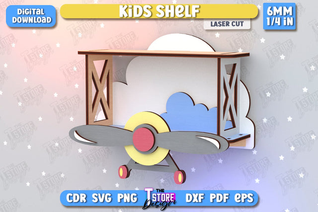 Kids Shelf Laser Cut | Rack Template | Nursery Décor | Kids Room | Book Rack | Airplane | CNC File SVG The T Store Design 