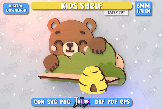 Kids Shelf Laser Cut | Rack Template | Nursery Décor | Kids Room | Book Rack | Bear | CNC File SVG The T Store Design 