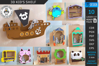 Kids Shelves Laser Cut Bundle | Rack Template | Nursery Décor | Wall Décor | Kids Room | Book Racks | Kids Bookshelf | Kids Laser | Wall Hanging Shelves | Home Décor | CNC Files SVG Fly Design 
