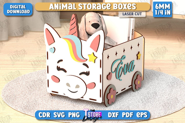 Kids Storage Box Laser Cut | Animals Design | Toy Box | Kids Design | Organizer | Unicorn | CNC File SVG The T Store Design 