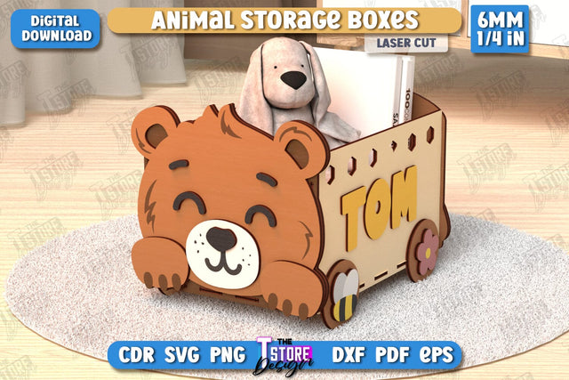 Kids Storage Box Laser Cut | Bear Design | Toy Box | Kids Design | Organizer | CNC File SVG The T Store Design 