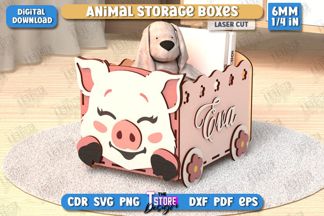 Kids Storage Box Laser Cut | Pig Design | Toy Box | Kids Design | Organizer | CNC File SVG The T Store Design 