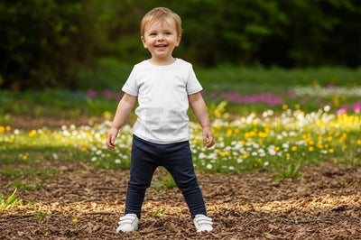 Kids white t-shirt mockup in flower field Mock Up Photo Designangry 