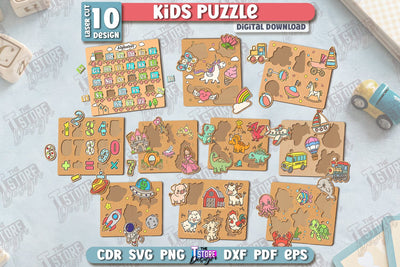 Kids Wooden Puzzle Laser Cut Bundle | Montessori Toy | Wooden Animal Puzzle | Educational Game | CNC Files SVG The T Store Design 
