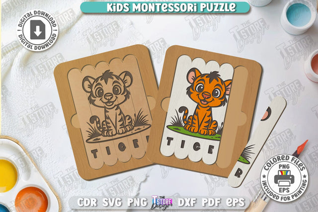 Kids Wooden Puzzle Laser Cut | Montessori Toy | Wooden Animal Puzzle | Educational Game | CNC File SVG The T Store Design 