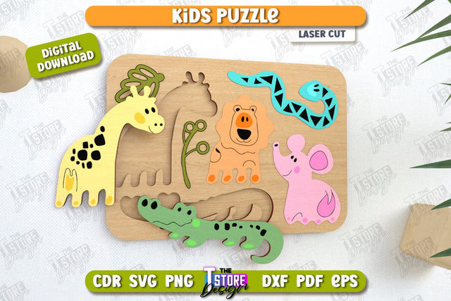 Kids Wooden Puzzle Laser Cut | Montessori Toy | Wooden Animal Puzzle | Educational Game | CNC File SVG The T Store Design 