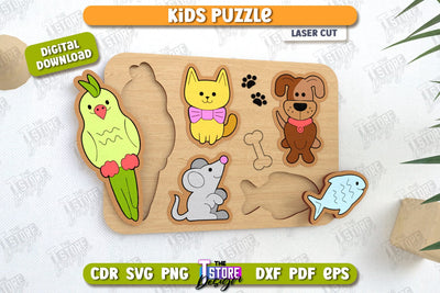 Kids Wooden Puzzle Laser Cut | Montessori Toy | Wooden Animal Puzzle | Educational Game | CNC File SVG The T Store Design 