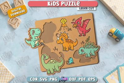 Kids Wooden Puzzle Laser Cut | Montessori Toy | Wooden Dinosaurs Puzzle | Educational Game | CNC File SVG The T Store Design 