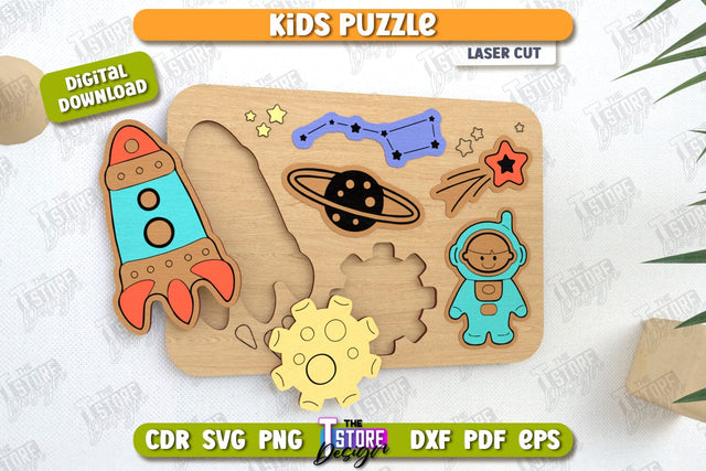 Kids Wooden Puzzle Laser Cut | Montessori Toy | Wooden Space Puzzle | Educational Game | CNC File SVG The T Store Design 